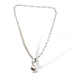 Silver Pearl Pendant Mixed-Link Necklace